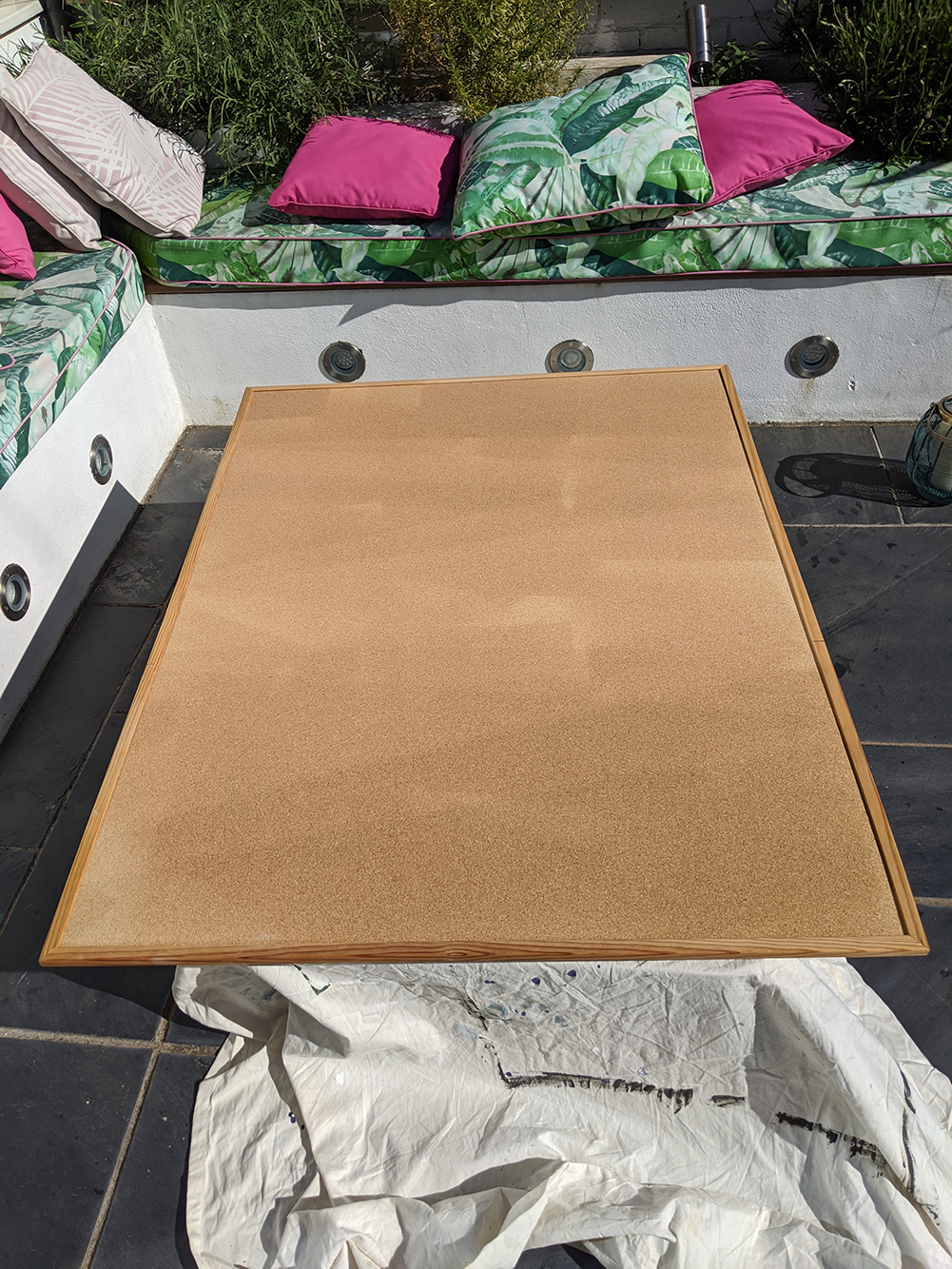 A photo of the cork board ready to be painted.