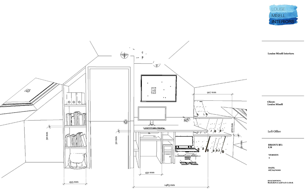 A technical drawing of the design for my new desk and shelving.