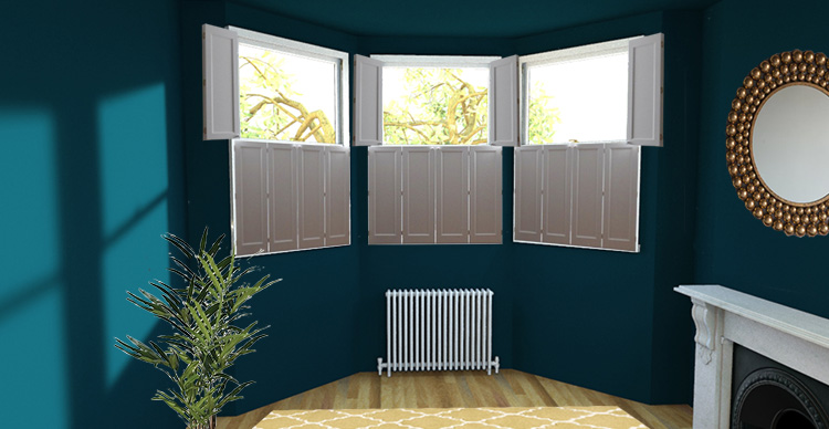 a picture of a bay window with solid shutters on each window