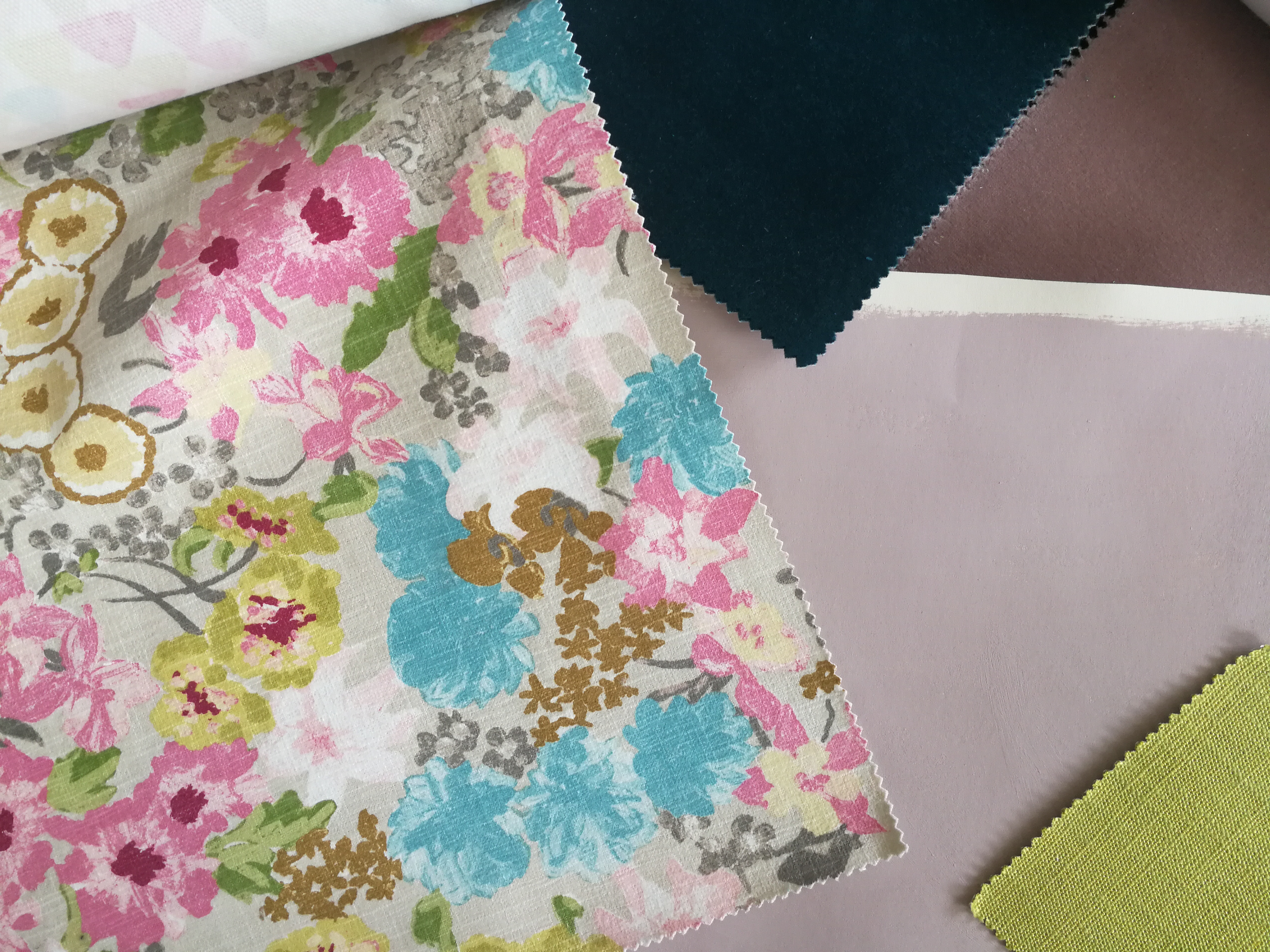 the pink paint with a selection of coordinating fabrics