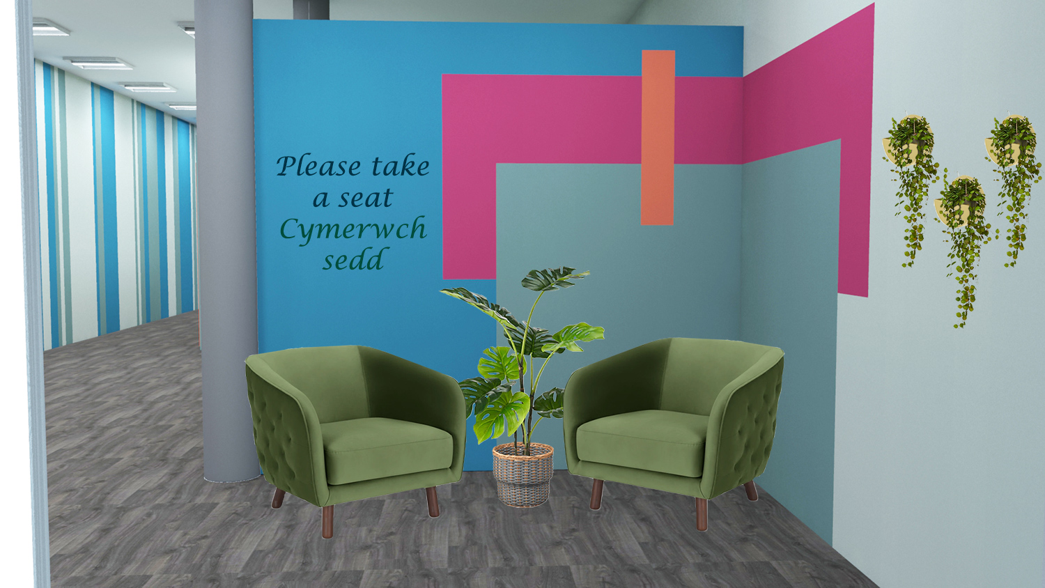 A computer generated image of the proposed seating area opposite the front door.