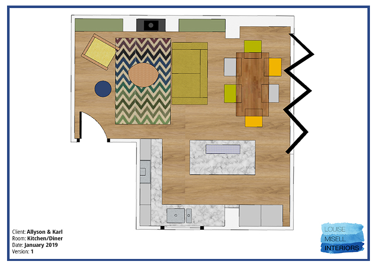 A scale floor plan showing the position and size of the furniture in the design.