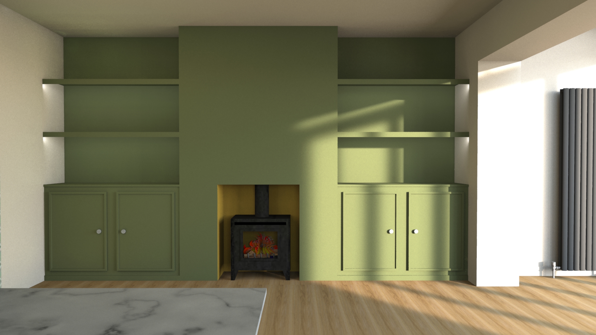 A rendered Sketch Up model of the room with the proposed built in shelves.