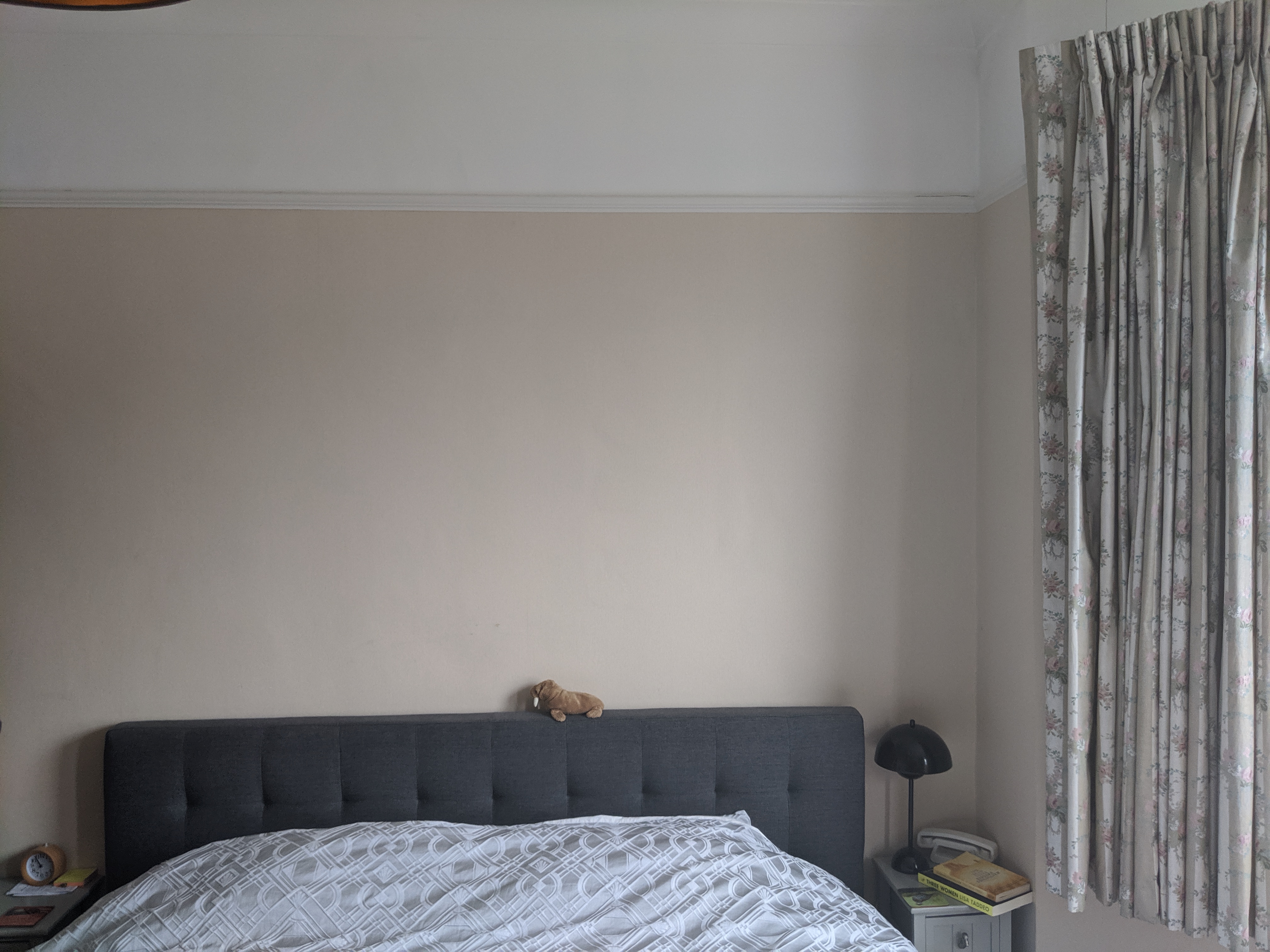 A before photo of the the client's beige bedroom.