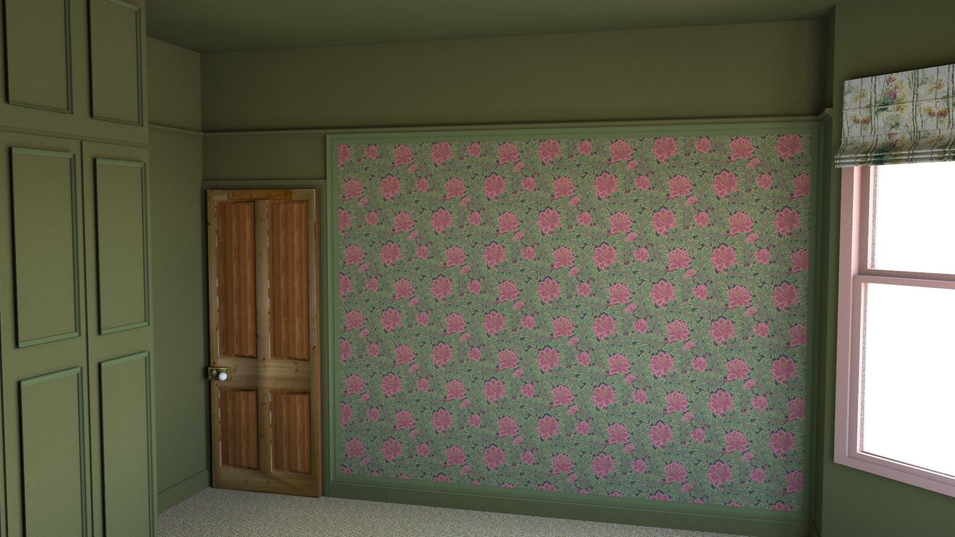 A computer generated image of the wallpaper behind the bed.