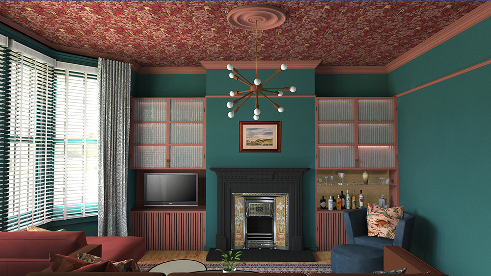 A design for a living room with the ceiling wallpapered.