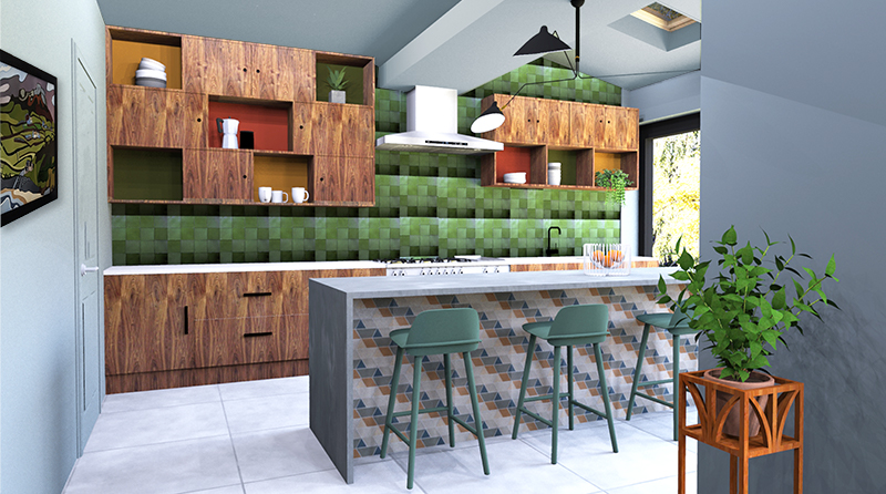 A computer generated image of my design for a kitchen, with the ceiling painted the same colour as the walls.