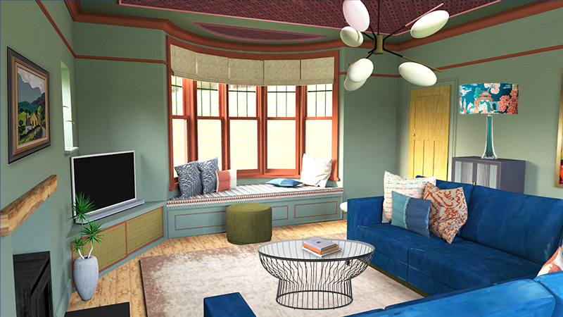 A computer generated image of the design for the living room, with the ceiling details highlighted with paint.