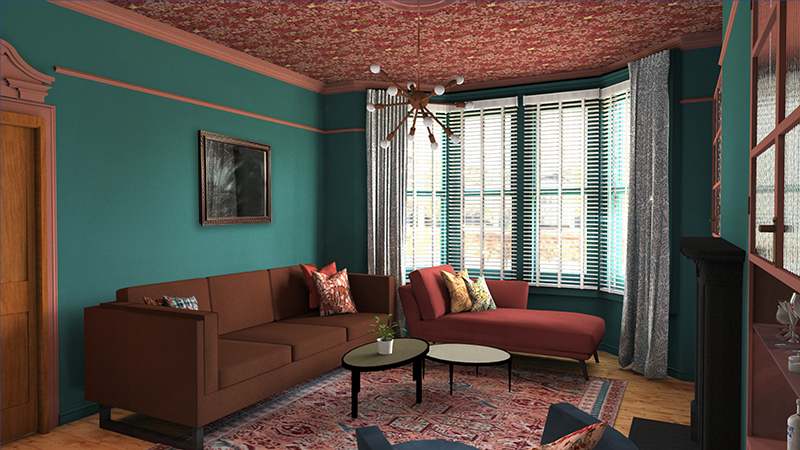 A computer generated image of the design for a living room.