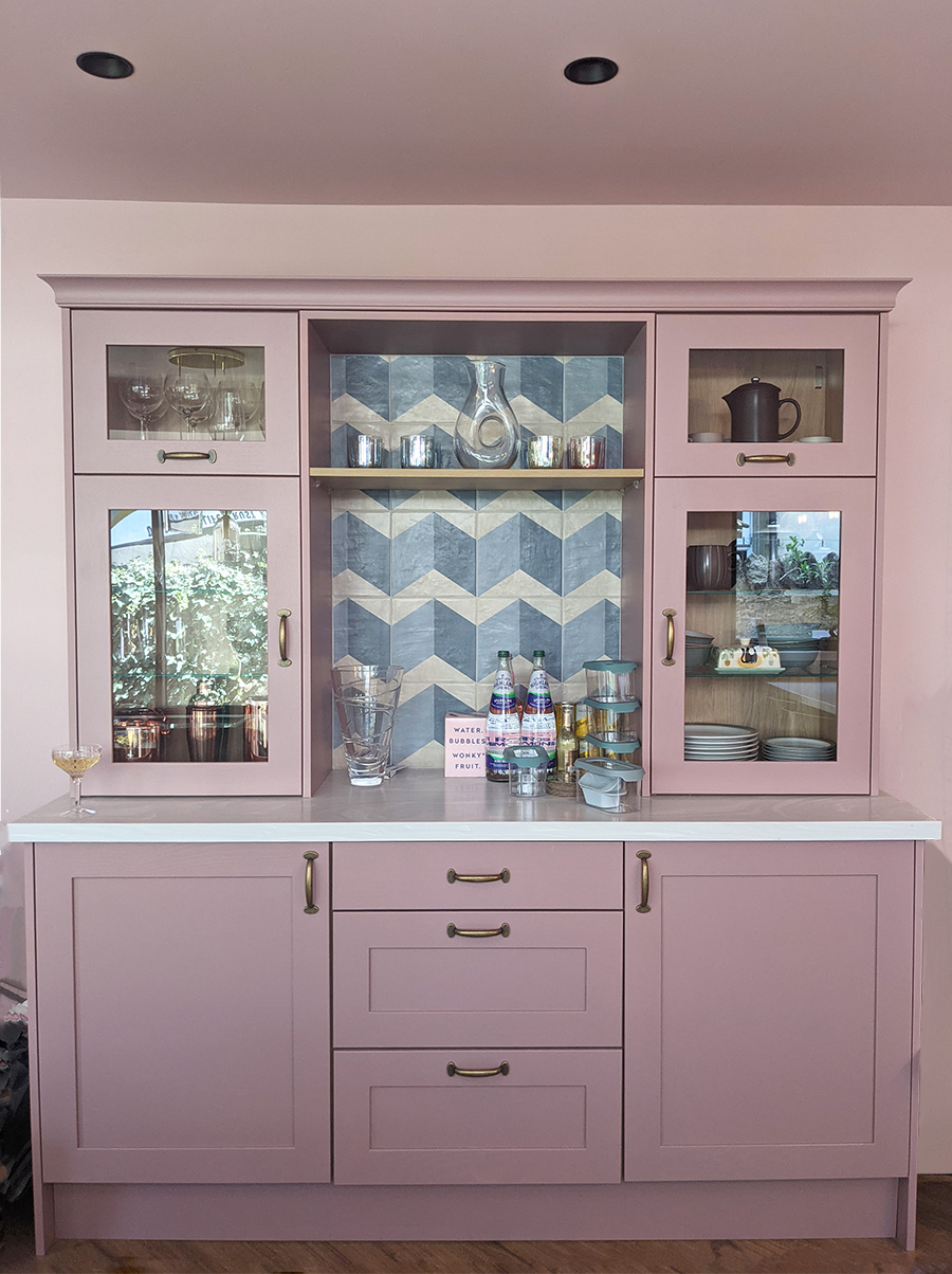 A photo of the finished dresser in the kitchen space.