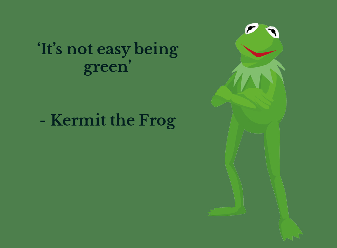 A picture of Kermit the frog with some text saying 'it's not easy being green'