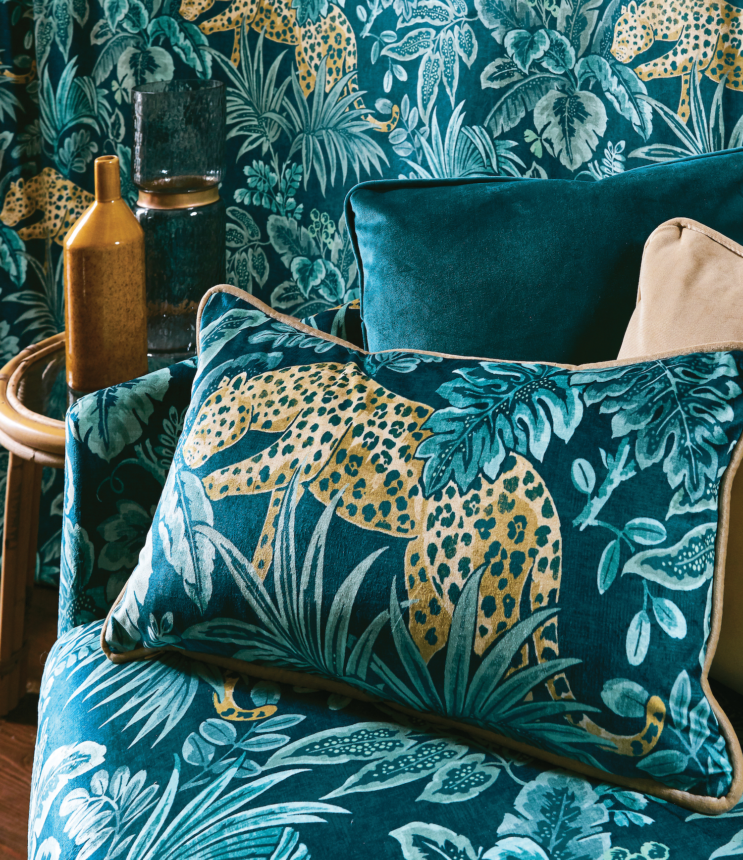 A photo of fabrics and cushions from the new collection from Prestigious Textiles.