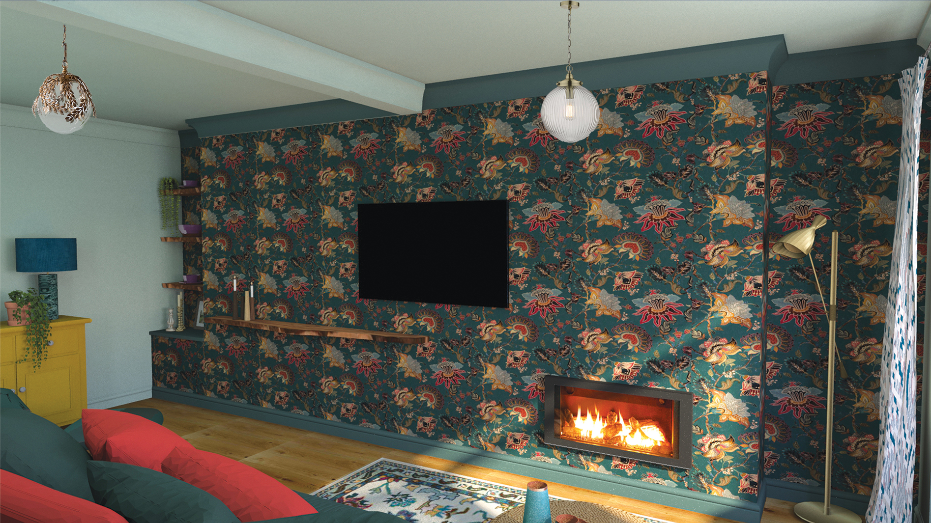 A computer generated image of a the room design, showing the wallpaper wall.
