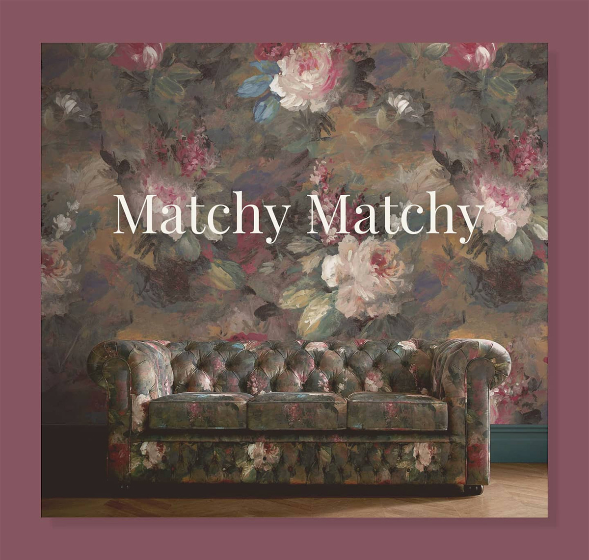 A photo of Woodchip & Magnolia's wallpaper matching the fabric on the sofa.