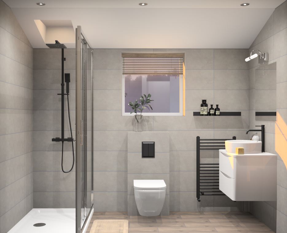 Another view of the grey bathroom design.