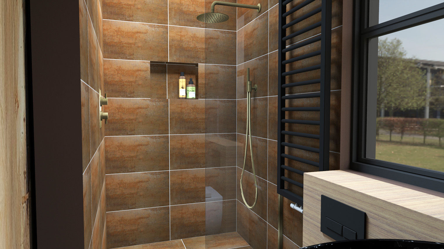 A computer generated image of the shower area in my bathroom design.