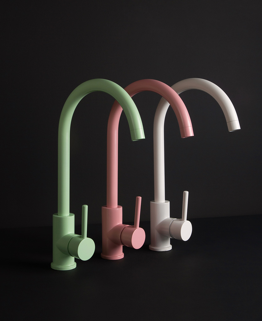 A photo of the new coloured taps from the Dowsing & Reynolds Miami colour pop collection.