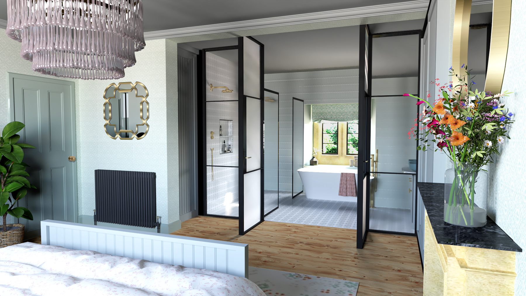 A computer generated render of the design showing the view from the bed towards the en suite.