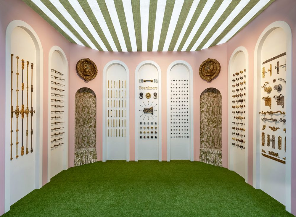 A photo of the Beardmore hardware stand with a striped ceiling.