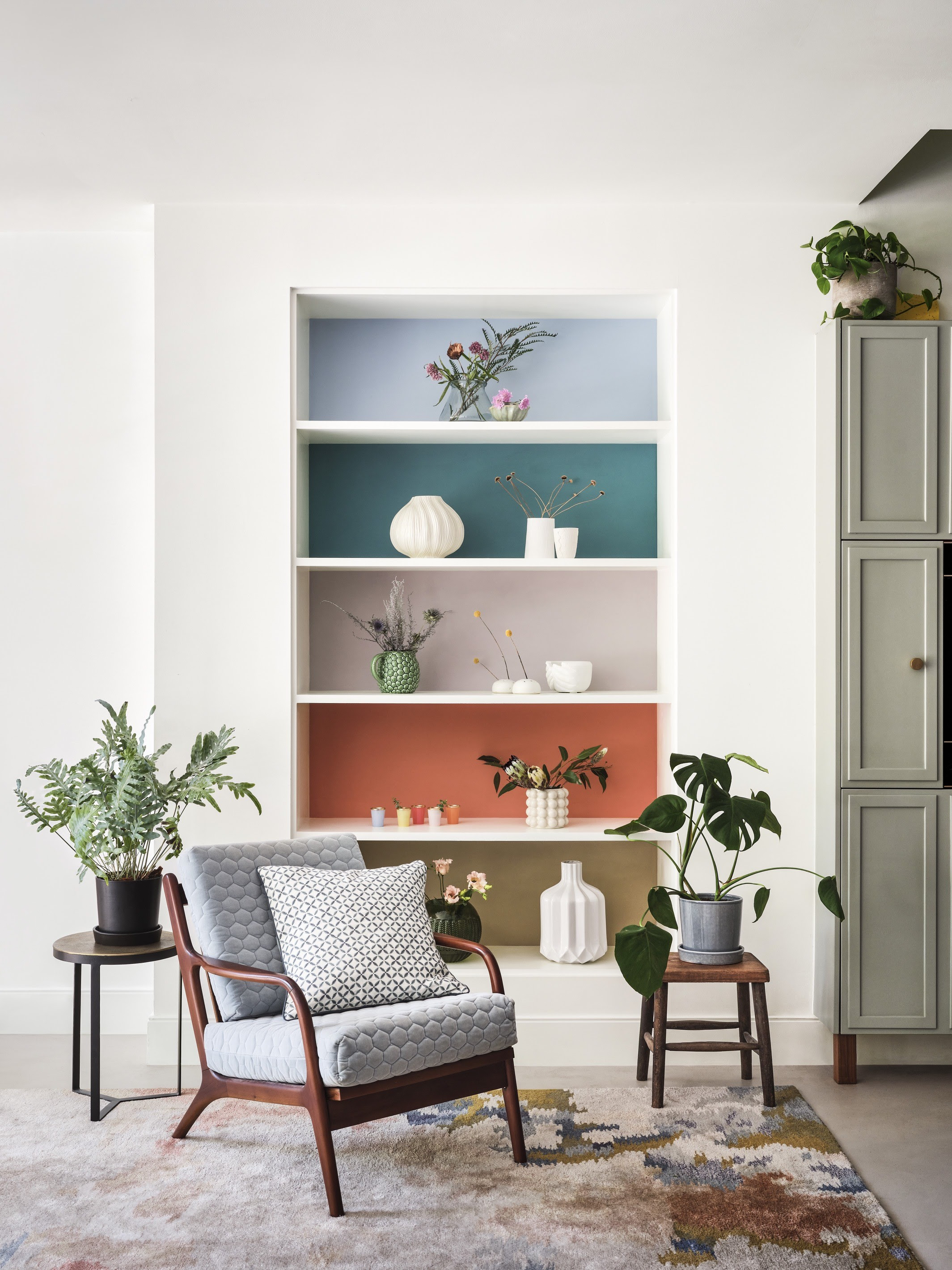 A photo of some shelving showing the five new colours from Fenwick & Tilbrook.