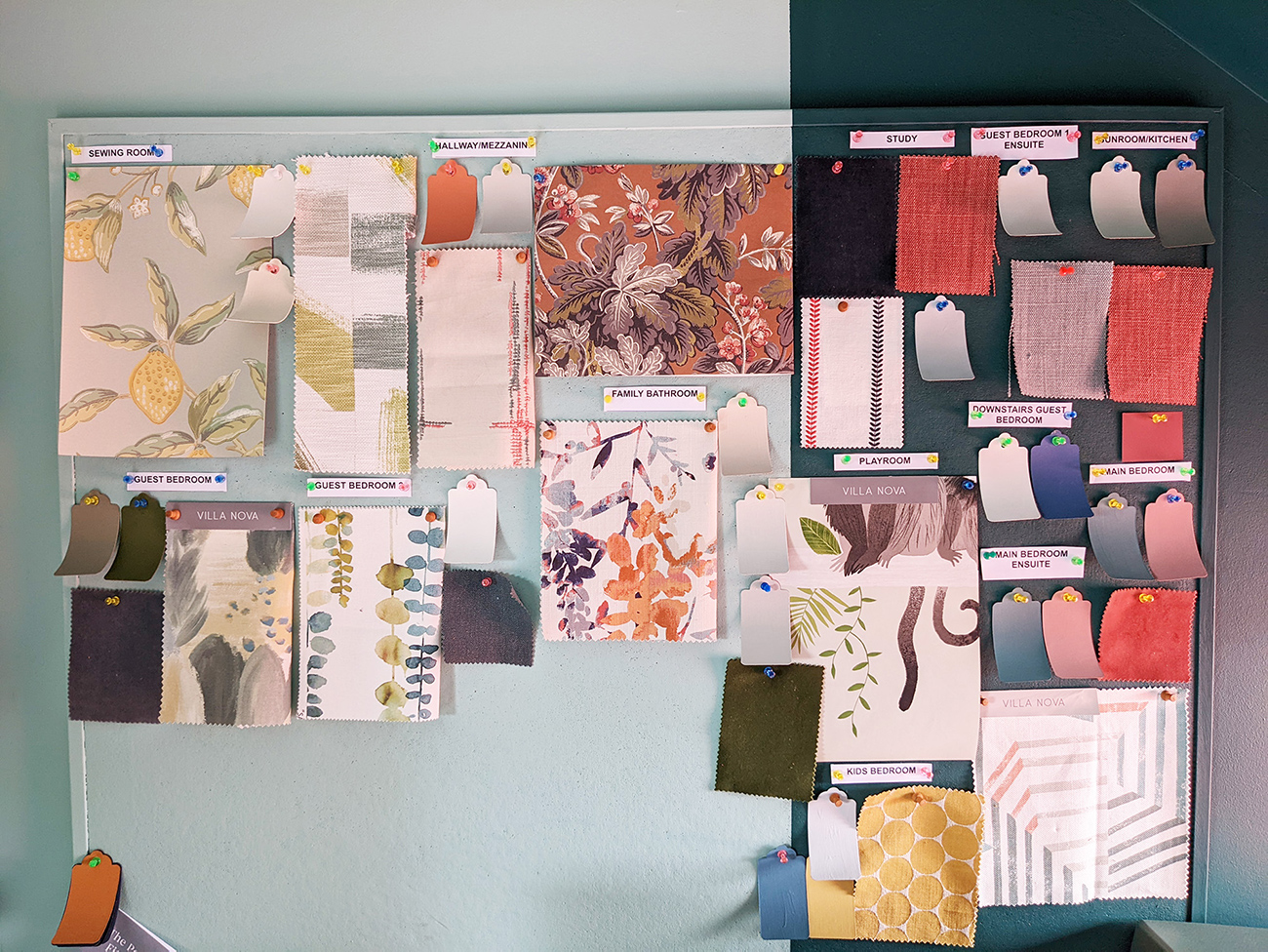 A photo of the pinboard with all the fabric, wallpaper and paint choices