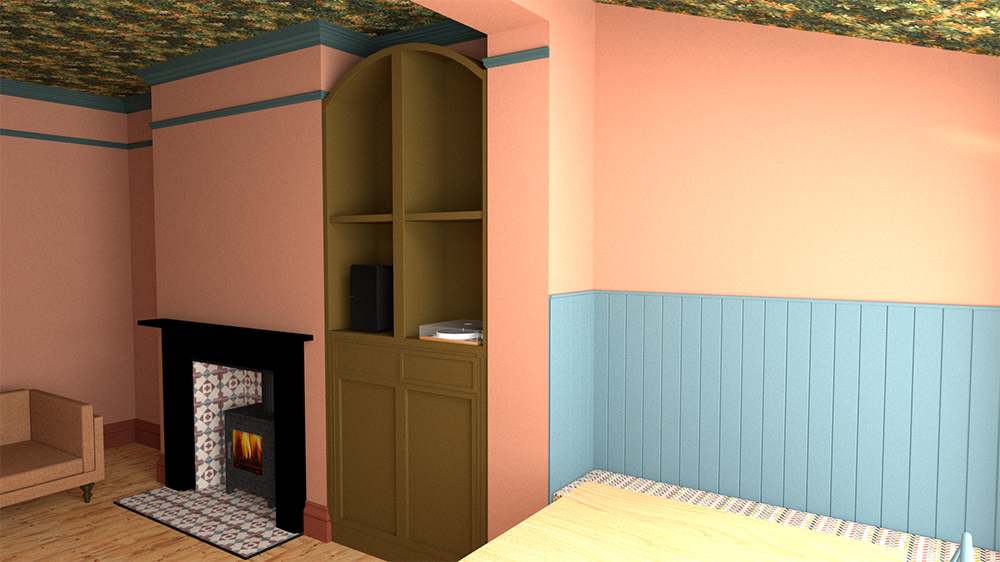 A computer generated render of a cabinet I'm designing with the curved detailing.