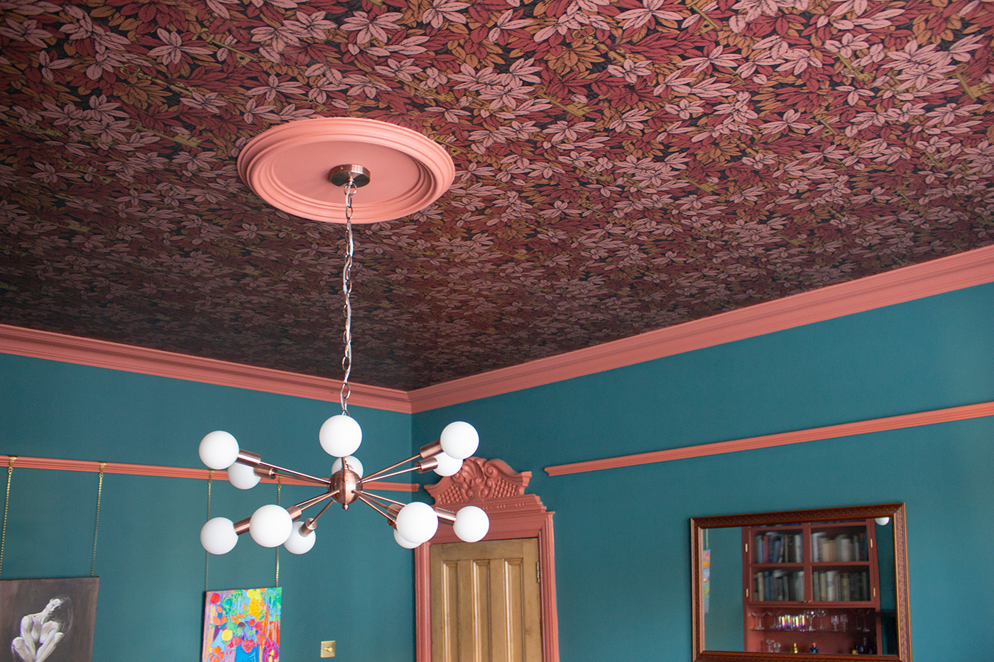 A photo of the wallpapered ceiling in my living room.