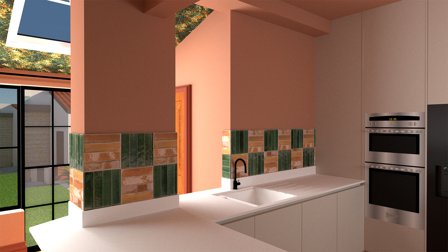 A computer generated render of a kitchen design with the tiles laid out in the pattern I saw at The Red House.