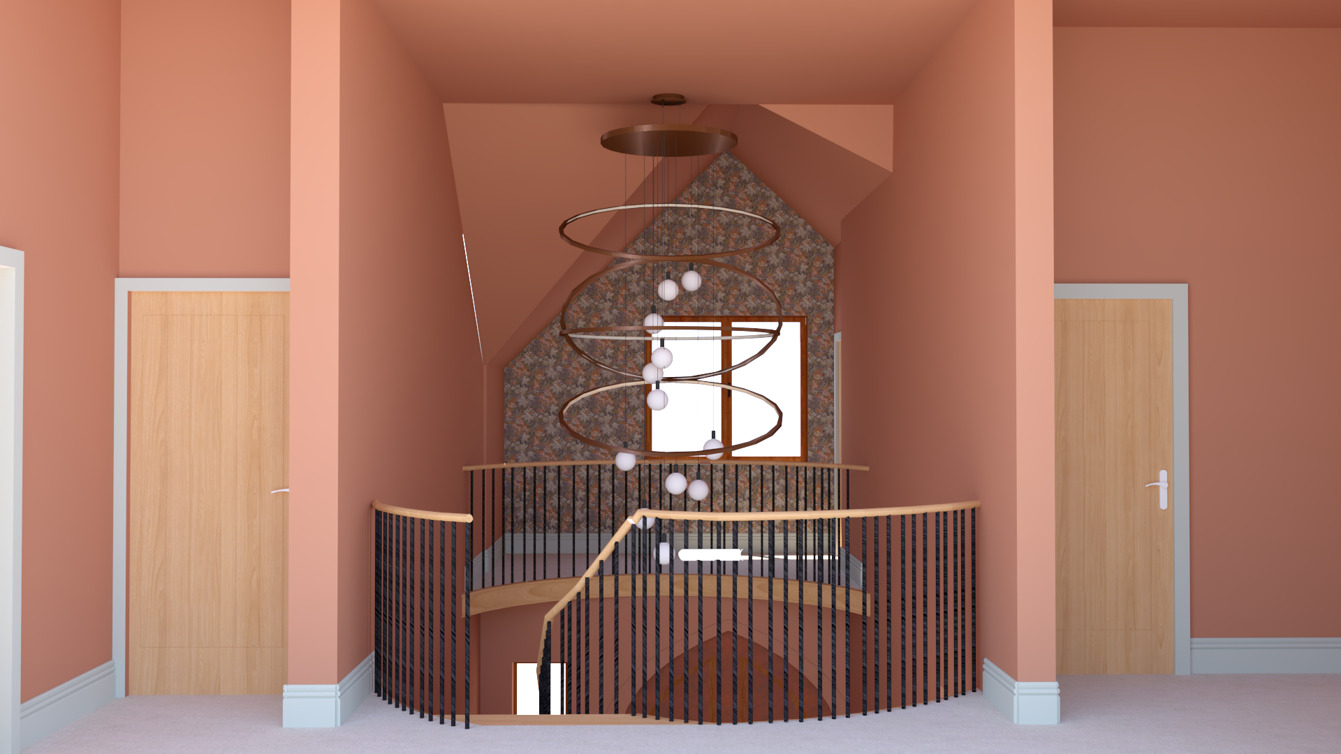 A computer generated model of the chandelier in the hallway space.