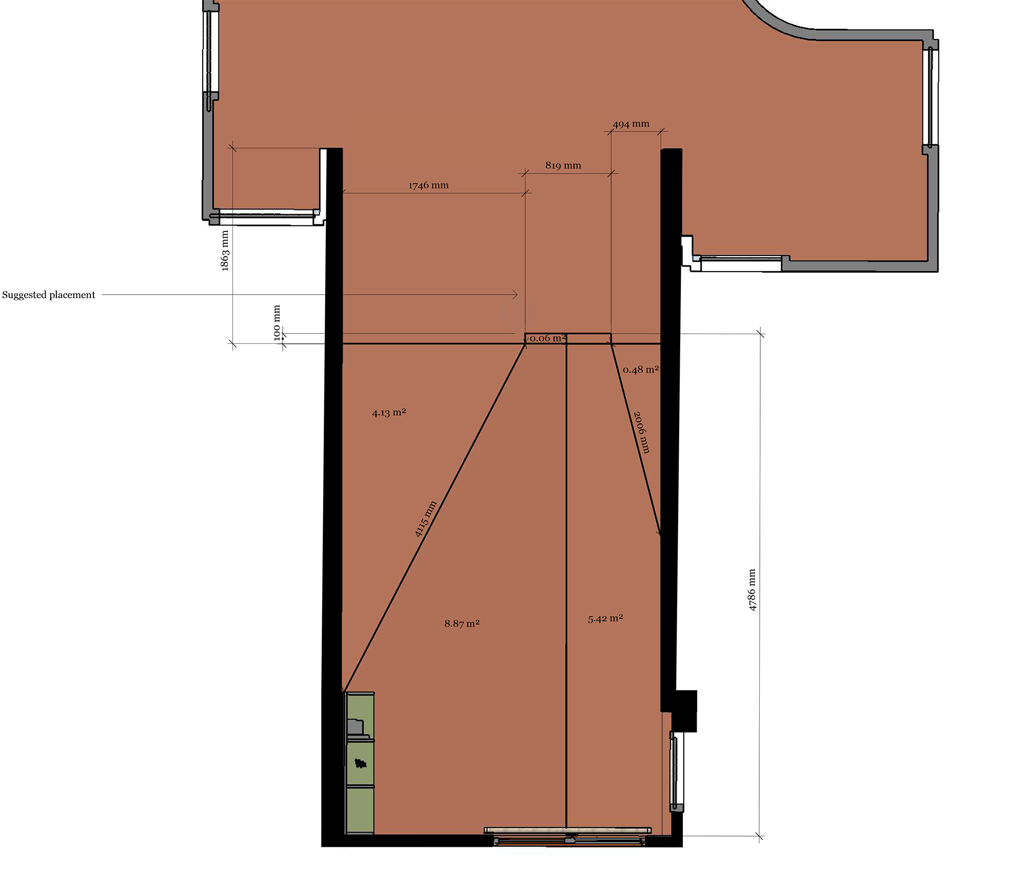 A floor plan of the hallway showing the dimensions of the space.