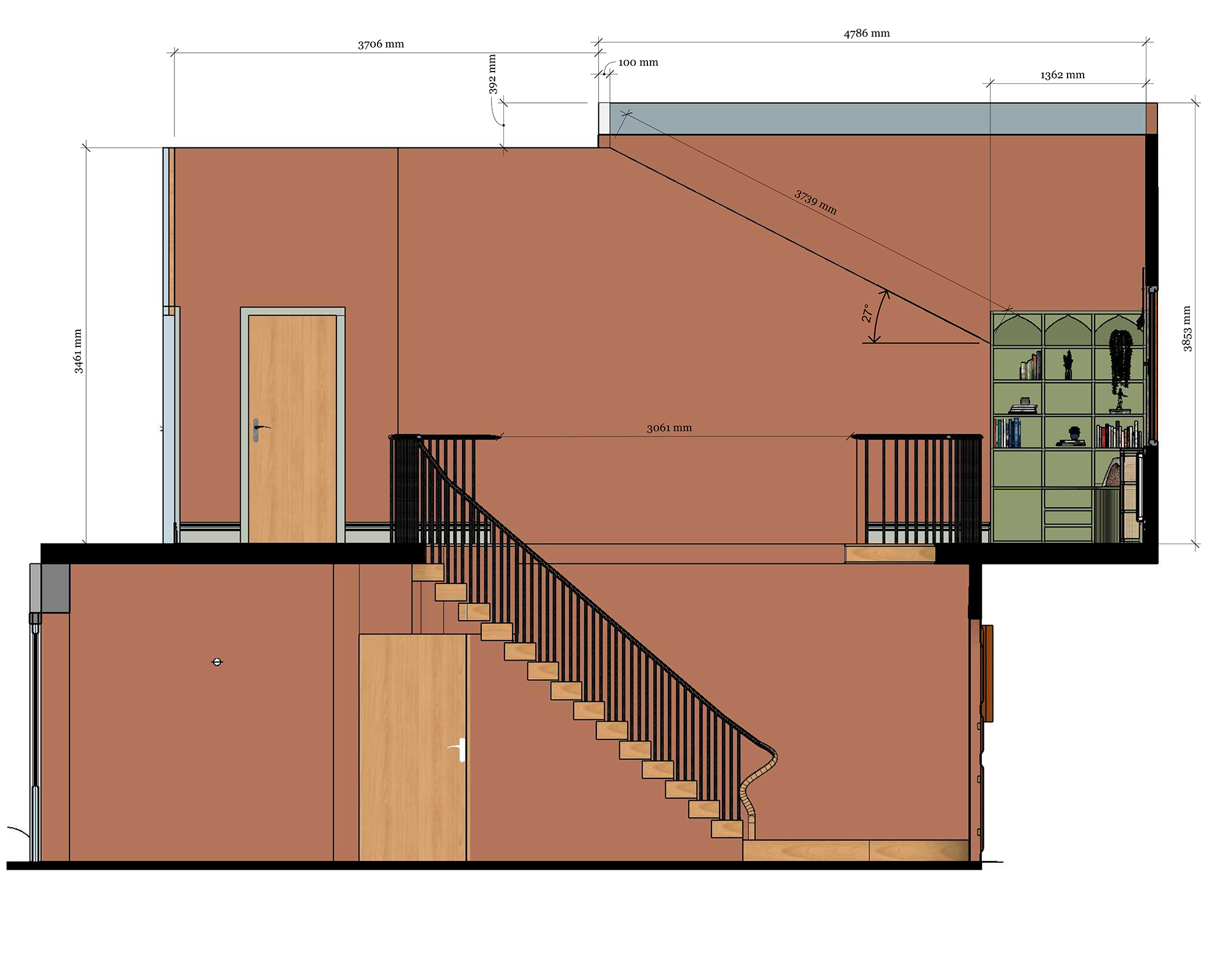 A section drawing of the hallway with dimensions.