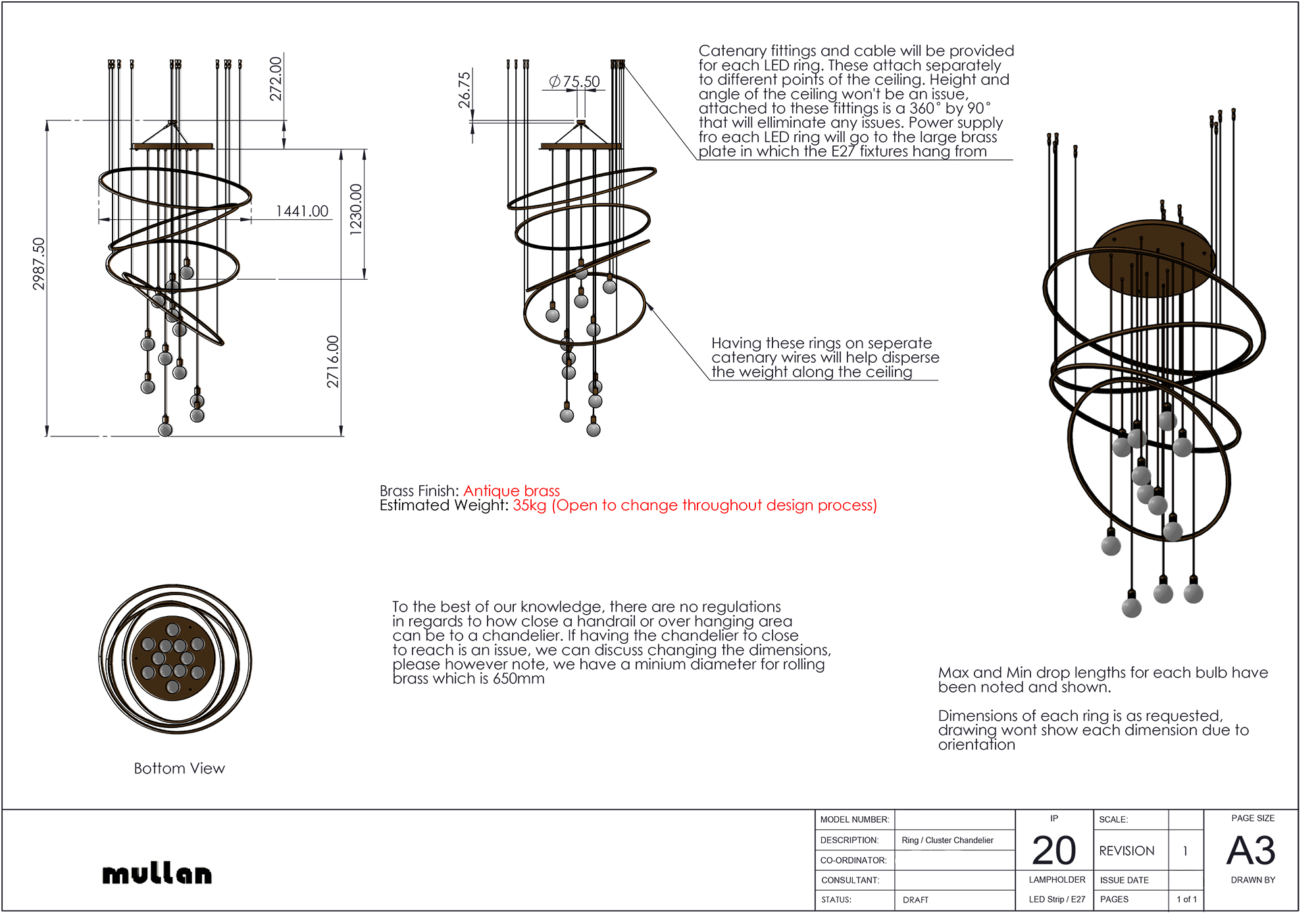 The technical drawing of the chandelier with the fittings spread out.