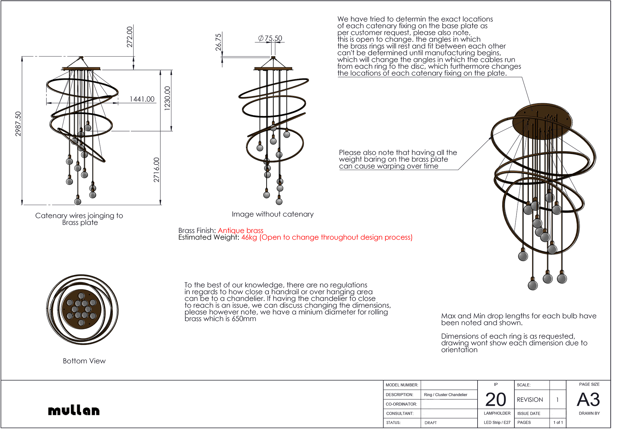 The technical drawing of the chandelier with the fittings all in the middle.