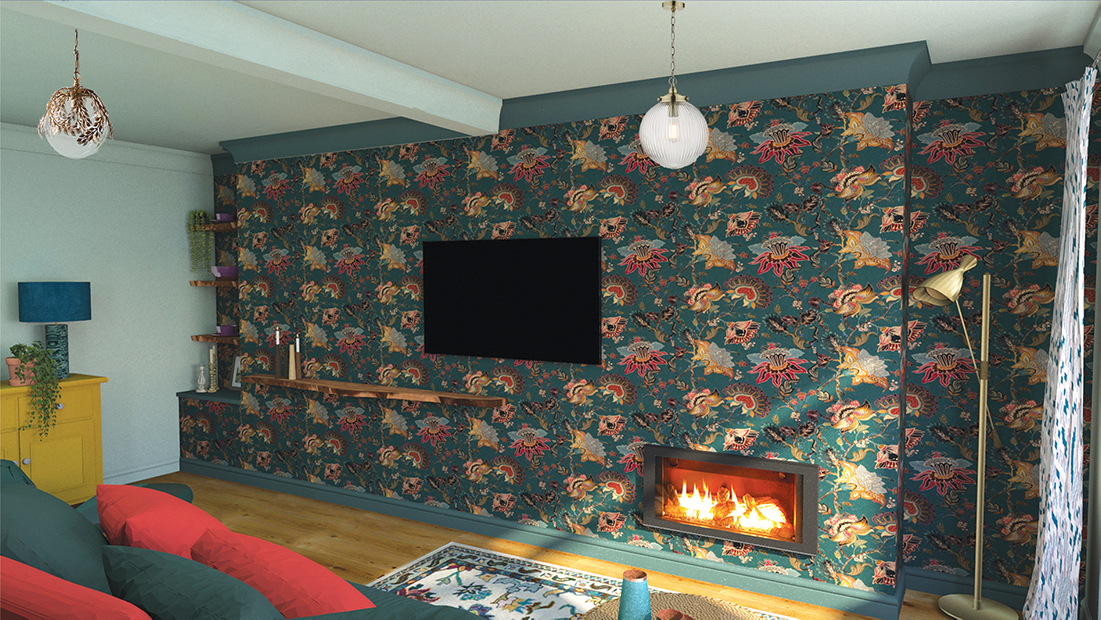 A 3d model view of our living room design with a teal wallpaper, a gas fireplace and a wall mounted TV  on the same wall.