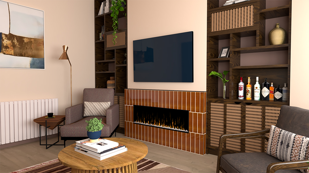 A 3D model view of our design for a living room with a  TV above a fireplace.