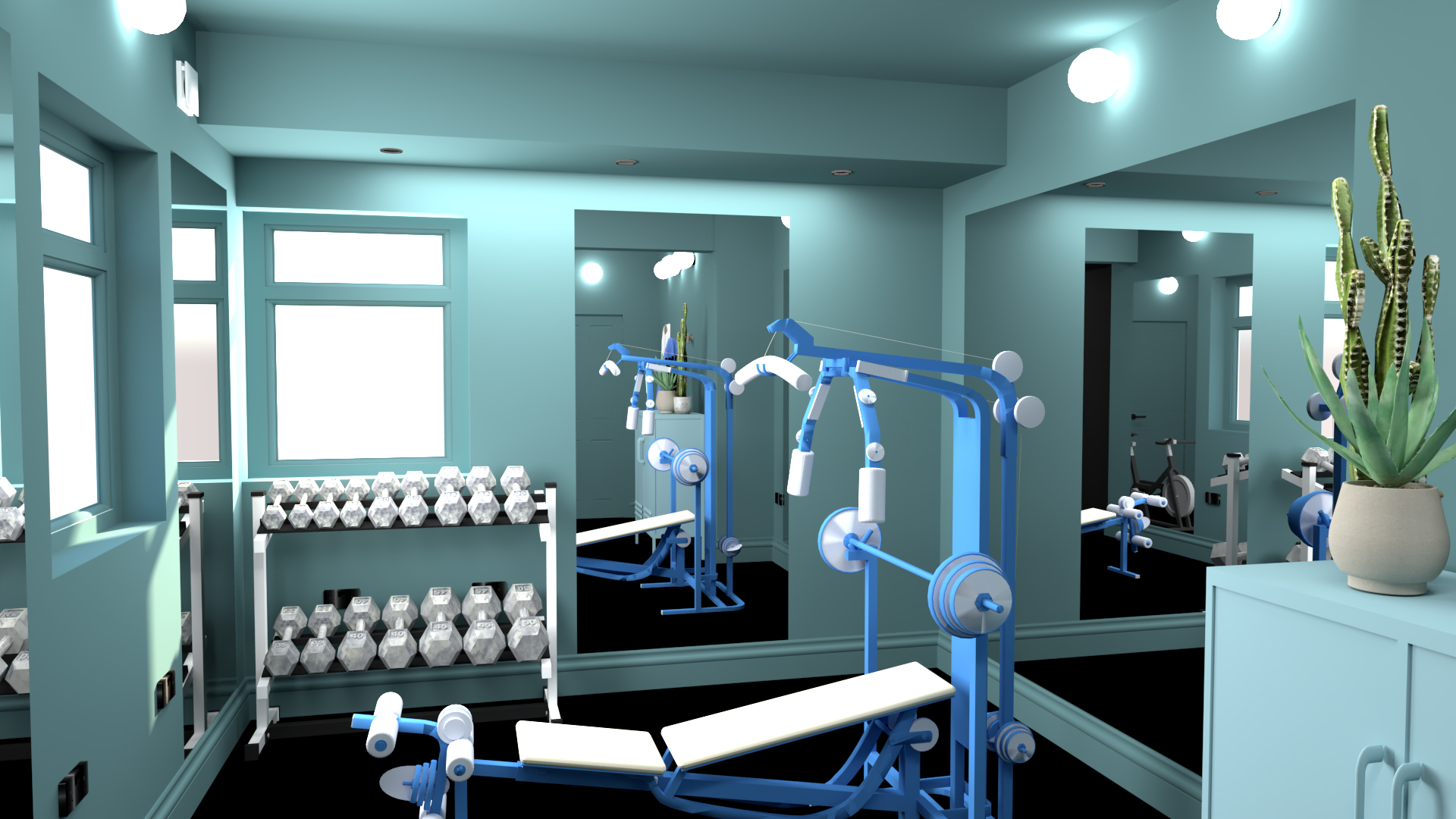 A computer generated image of the proposed gym with darker walls and no borders on the mirrors.