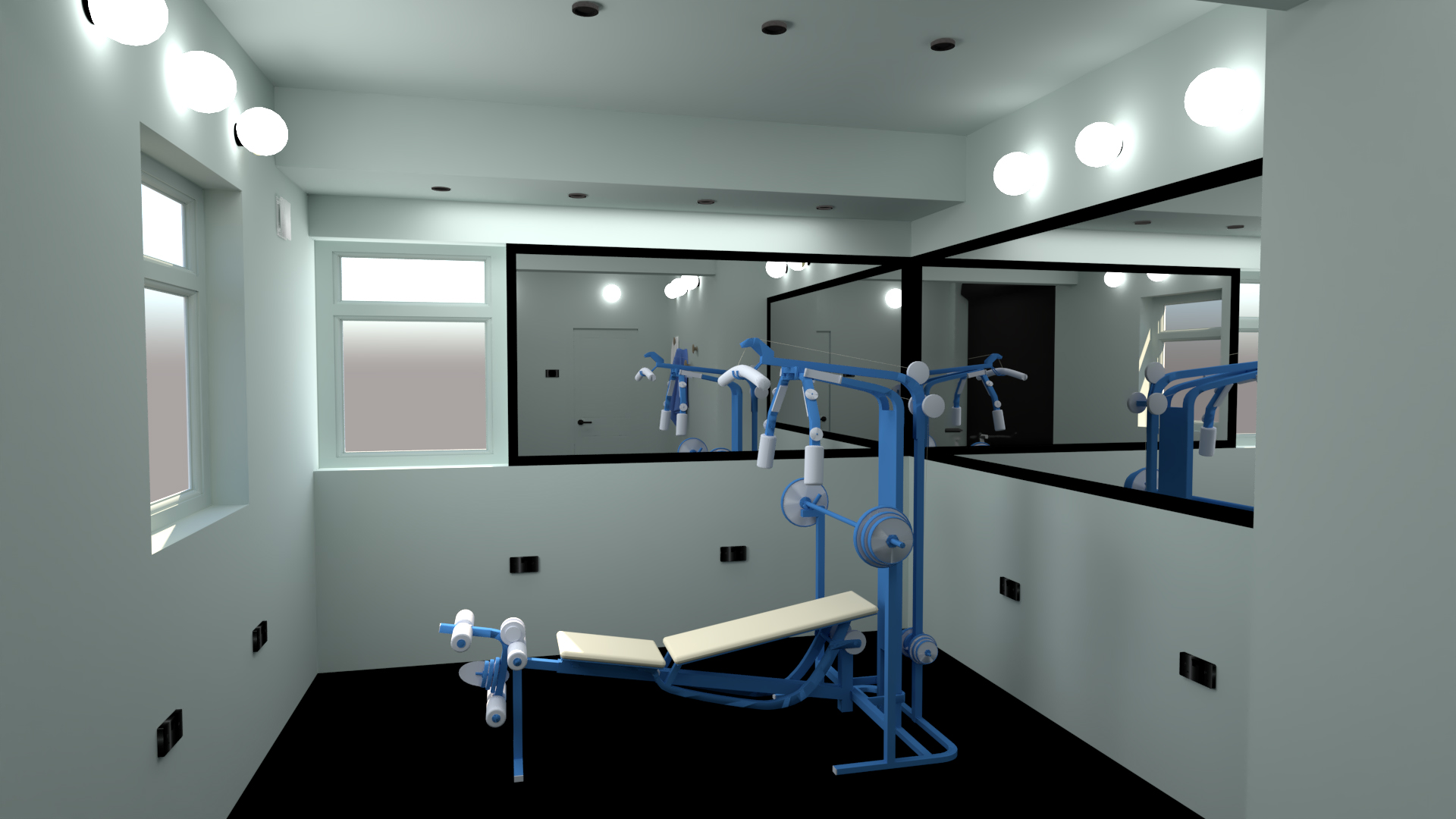 A computer generated visual of the gym with light blue walls.