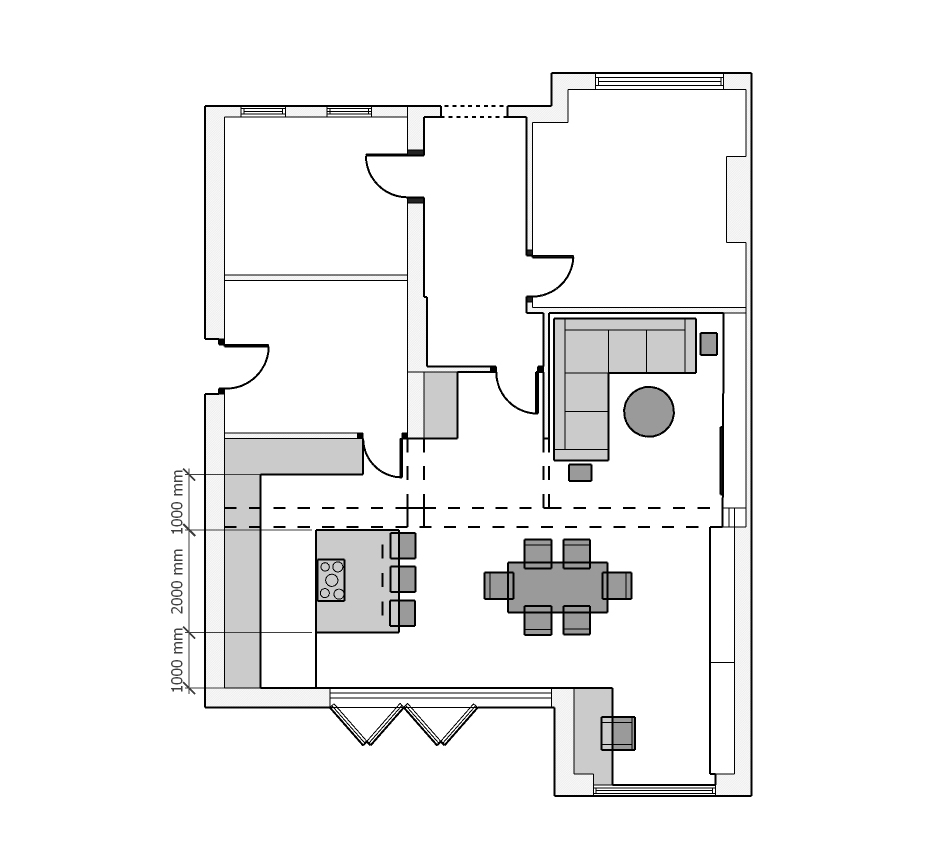 A photo of a kitchen floorplan with ideal dimensions for a kitchen island