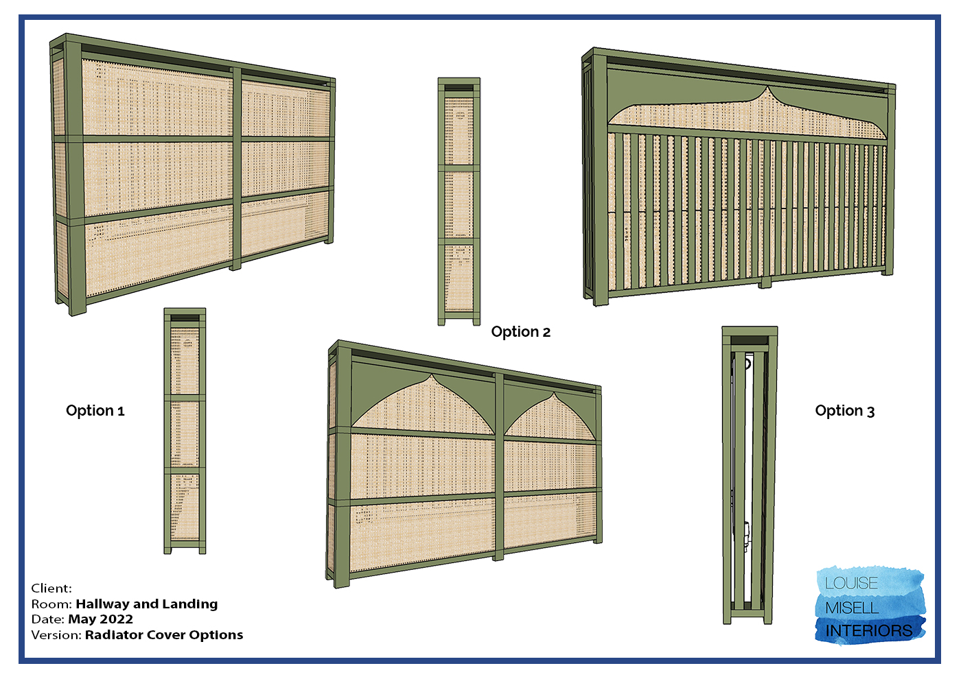 A document showing the three radiator cover design options, with both front and side views.