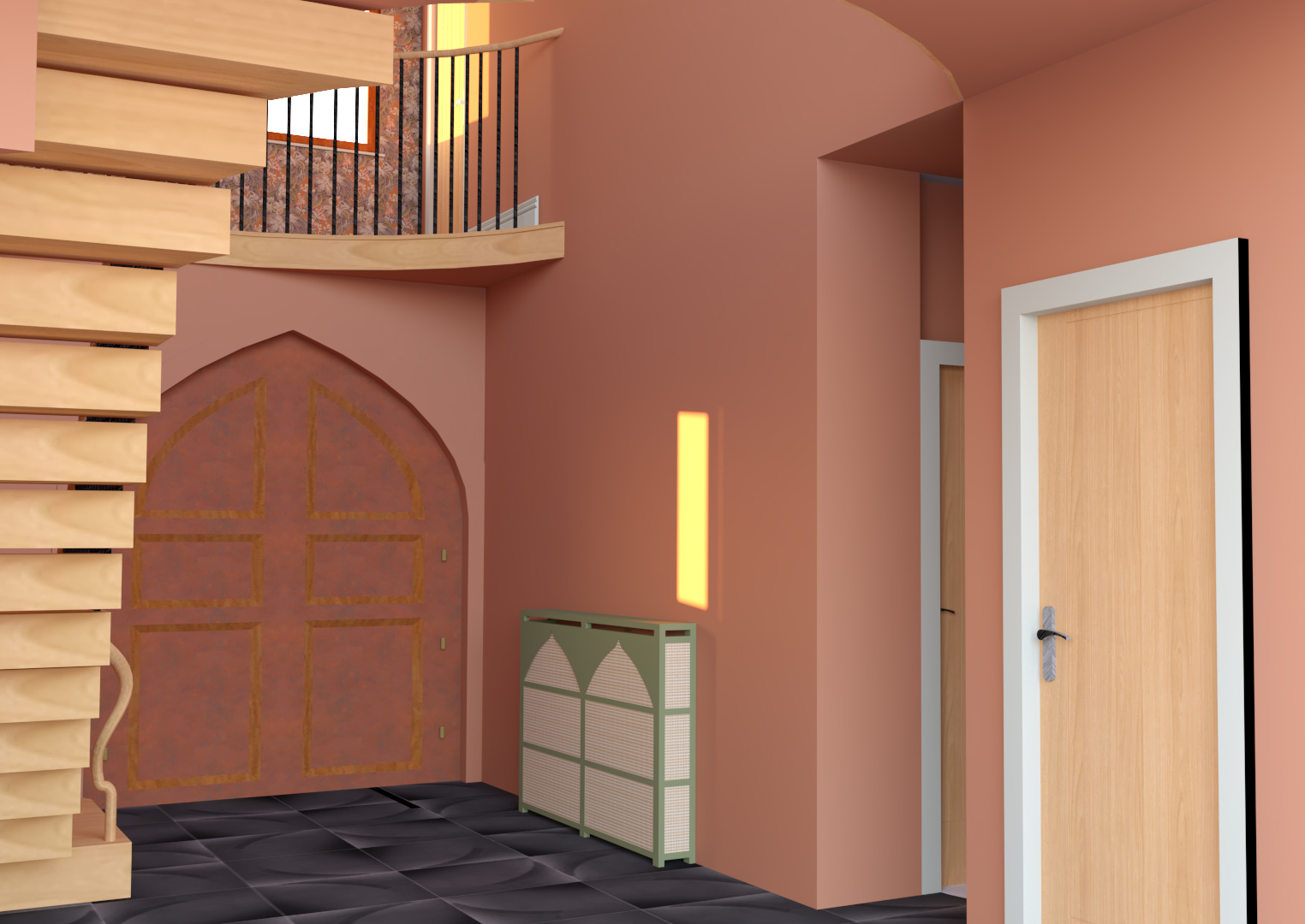 A computer generated image of the hallway with the radiator cover the clients chose.