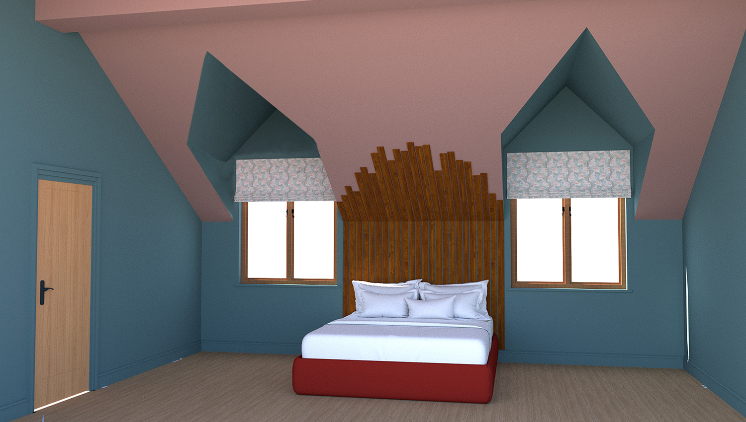 A computer generated image showing the headboard design in the bedroom.
