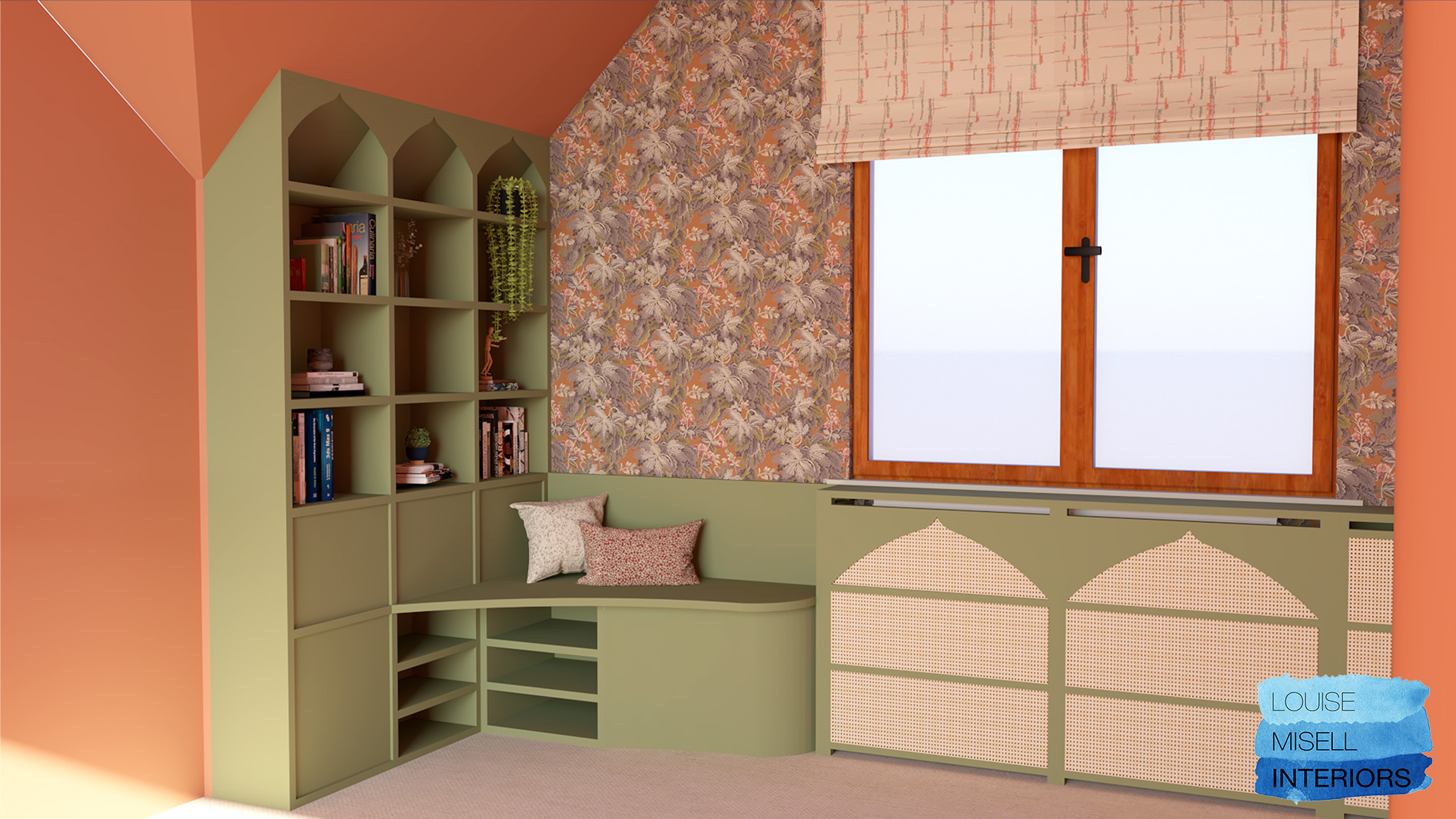 A computer generated image showing the design for the bookcase and radiator cover for the mezzanine.