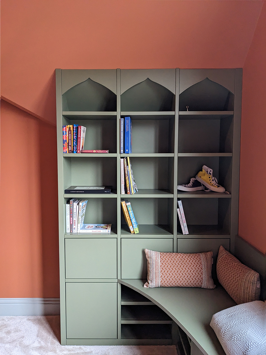 A photo of the bookcase on the mezzanine.