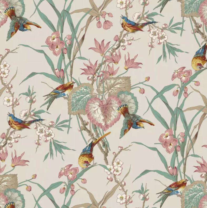 warner house wallpaper with pink flowers and birds 