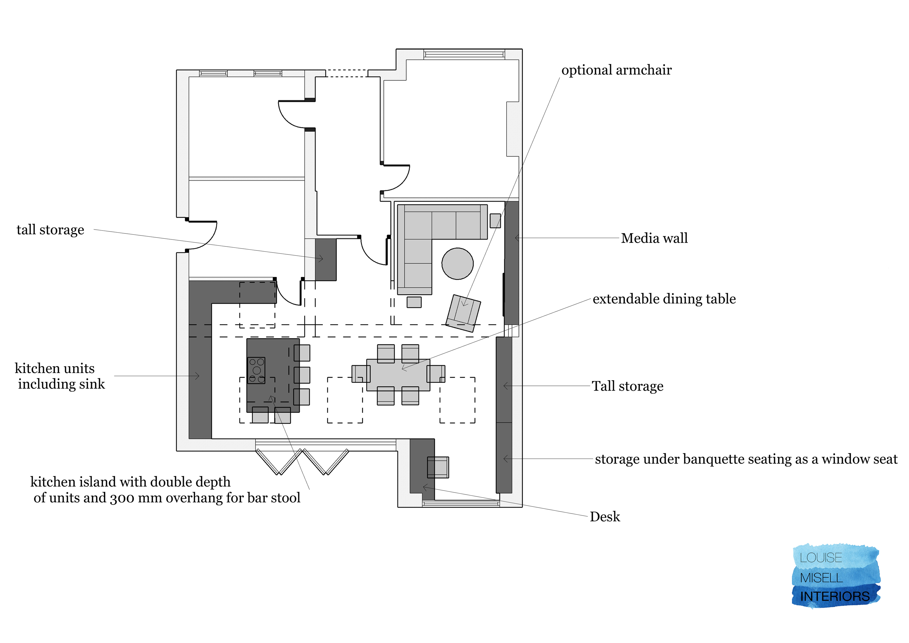 A floorpan showing furniture placement for a living room, kitchen & dinning room. 