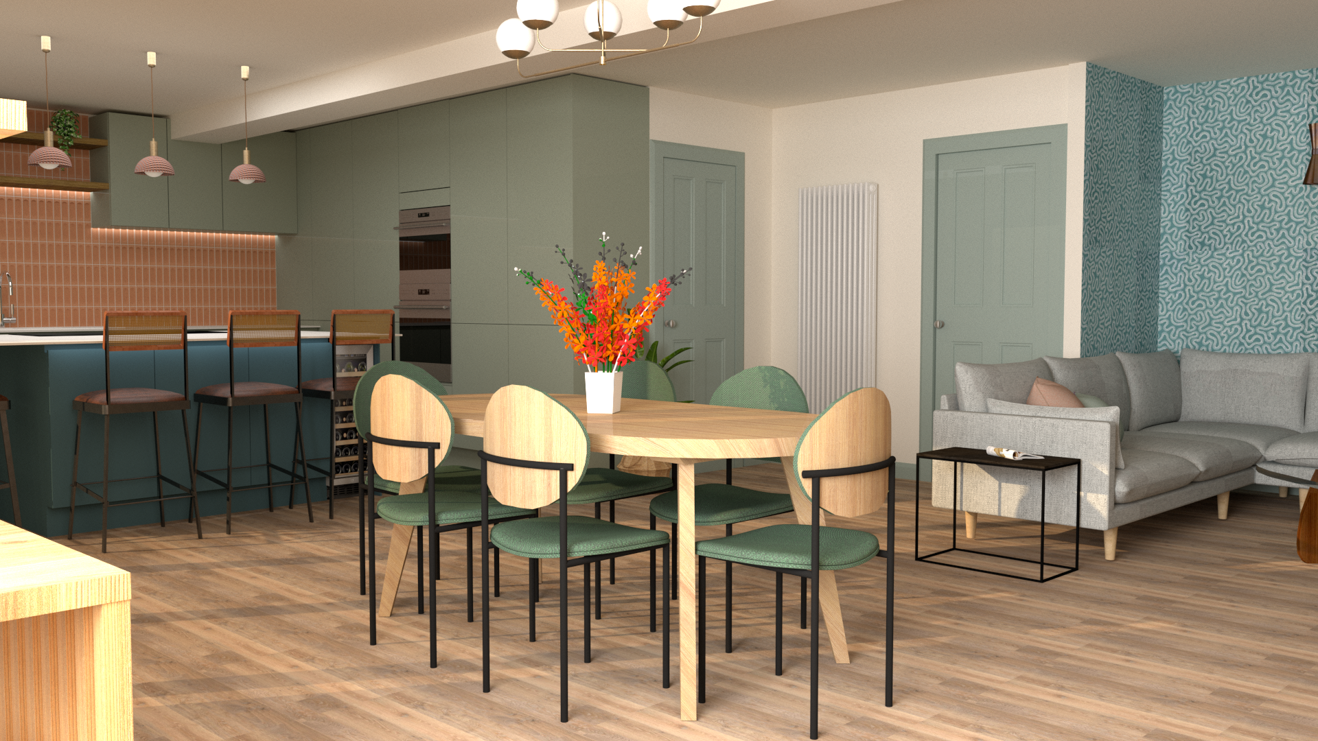 A rendered image showing a kitchen, dinning table and sofa