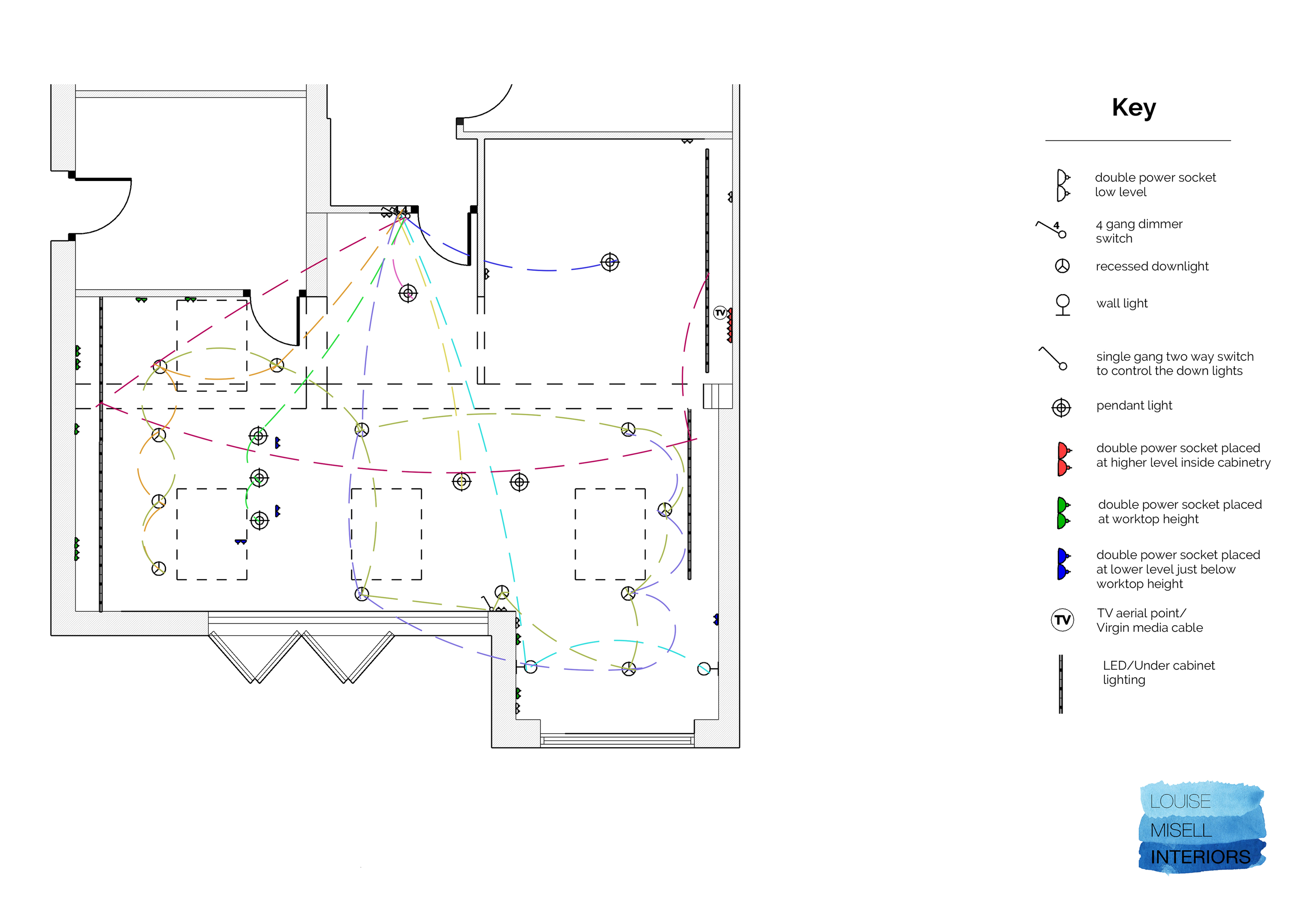 A technical drawing of an electrical plan for a room