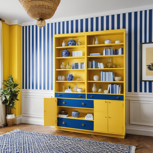 An AI generated image of a living room with blue striped wallpaper and yellow cabinets