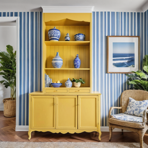 An AI generated image of a living room with blue striped wallpaper and yellow cabinets