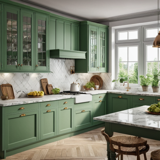 An AI generated image of a traditional green kitchen with marble worktops